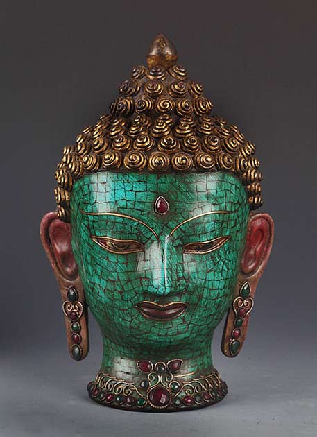 A-WOODEN-PAINTED-BUDDHA-HEAD-WITH-TURQUOISE