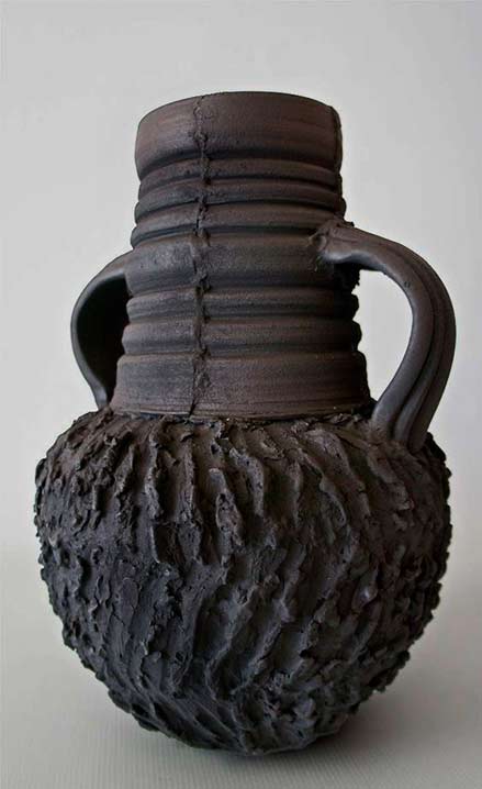 cecilia-robinson-black ceramic-vase, twin handles, ribbed and wavy textures
