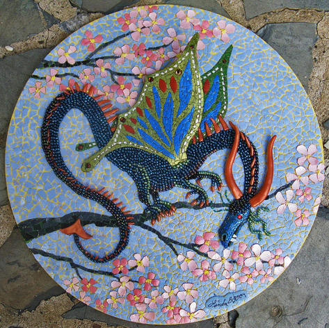 Cherry-Blossom-Dragon-eggshelllady - Linda Biggers Mixed media mosaic, eggshell, seed beads and polymer clay.10" daimeter
