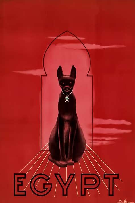 red Egyptian-Revival-poster with image of Bastet