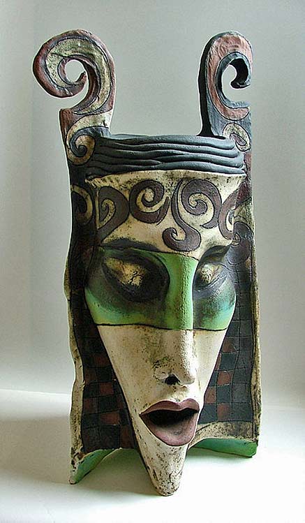 Green and white Ceramic wall mask - Inna Olshansky 