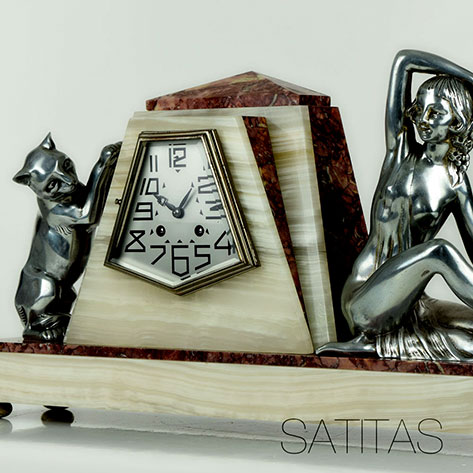 Rare 1920s French Art Deco Burmese Cat & Nude Lady mantle clock by Marti