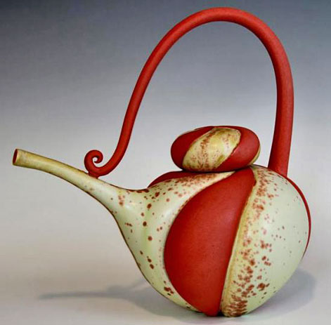 Marsha-Silverman--elegant ceramic teapot in red and white