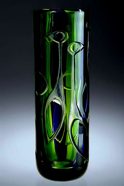 Vicke-Lindstrand-green Vase-cylindrical shape and abstract figure motifs